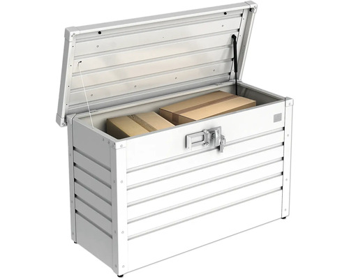 Geöffnete, abschließbare Aufbewahrungsbox aus Aluminium mit Kartons