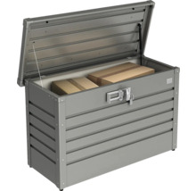 Geöffnete graue Gartenbox aus Metall mit zwei Kartons