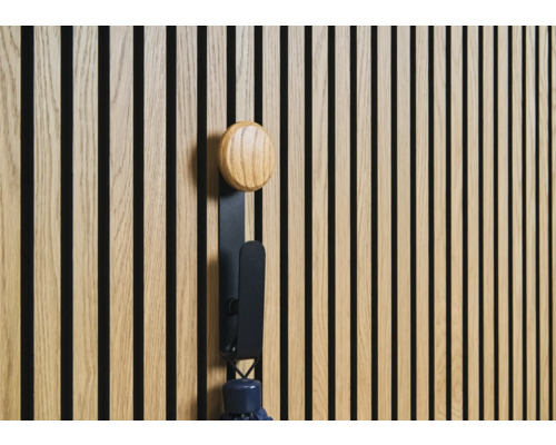 Sonava Function Haken schwarz pulverbeschichtet mit Holzkopf natur Large Pack = 4 Stück inkl. Fixierung Holzpaneelwand mit Kleiderhaken und Regenschirm