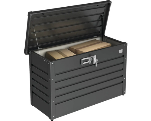 Geöffnete Gartenbox zur Aufbewahrung mit Schloss