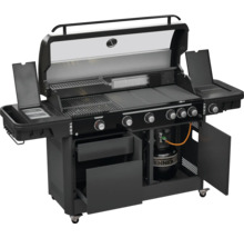 Schwarzer Gasgrill mit mehreren Brennern, Seitentischen und Stauraum für Gasflasche.