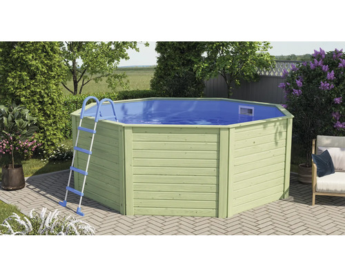 Aufstellpool Holzpool Karibu Ø 334,4 cm 320,5 x 320,5 x 121,1 cm 8500 l grün holz inkl. Innenauskleidung Holzpool mit Leiter im Garten