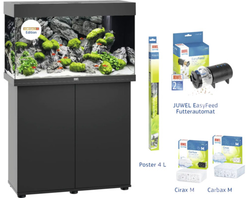 Aquariumkombination Juwel Rio 125 LED SBX mit LED-Beleuchtung, Heizer, Filter und Unterschrank schwarz + inkl. Futterautomat, Rückwandfolie, Filtermedien Cirax und Carabax Aquarium-Set mit Zubehör: Aquarium, Unterschrank, Futterautomat Juwel EasyFeed, Juwel Poster 4, Juwel Cirax M und Juwel Carbax M
