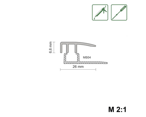 Technische Zeichnung eines Übergangsprofils mit den Maßen 6,6 mm Höhe und 26 mm Breite