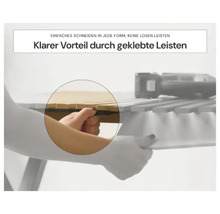 Holzplatte mit verleimten Leisten wird von einer Hand gehalten