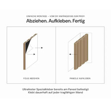Anleitung zum Anbringen von Wandpaneelen: Schutzfolie abziehen und Paneele aufkleben