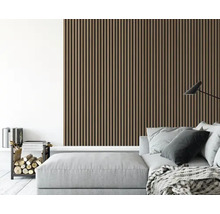 Wohnzimmer mit Akustikpaneelen an der Wand, Sofa und Dekoration