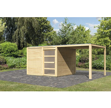 Holz Gartenhaus mit Schiebetür und Überdachung im Garten
