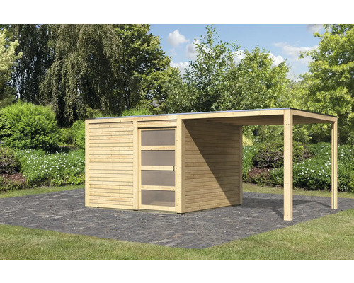 Holz Gartenhaus mit Schiebetür und Überdachung im Garten