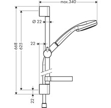 Technische Zeichnung eines Duschsets mit Handbrause und Brausestange mit Maßangaben