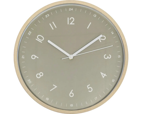 Runde Wanduhr mit hellem Holzrahmen und Zifferblatt