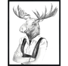 Gerahmtes Bild eines Elchs mit Hemd und Hosenträgern