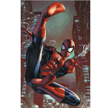 Comic-Illustration von Spider-Man vor einem Stadthintergrund.
