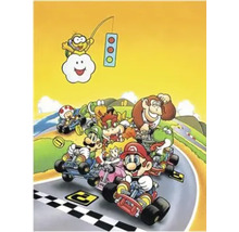 Illustration verschiedener Charaktere aus dem Videospiel Mario Kart beim Go-Kart-Fahren auf einer Rennstrecke