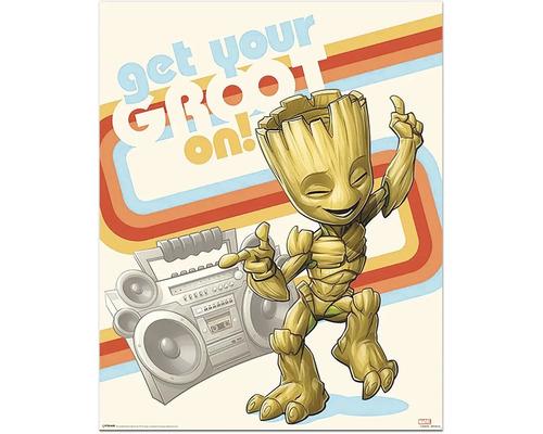 Decopanel Guardians of the Galaxy Groot II 40x50 cm Poster mit Groot Motiv vor einem Ghettoblaster und dem Schriftzug Hol deine Wurzel raus!
