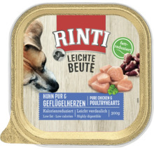 Rinti Leichte Beute Hühnchen pur und Geflügelherzen, fettreduziertes Hundefutter in einer 300 Gramm Schale