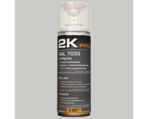 2K Pro hellgraue RAL 7035 Spraydose mit hoher Kratzfestigkeit, Benzin- und Lösungsmittelbeständigkeit sowie UV- und Witterungsbeständigkeit