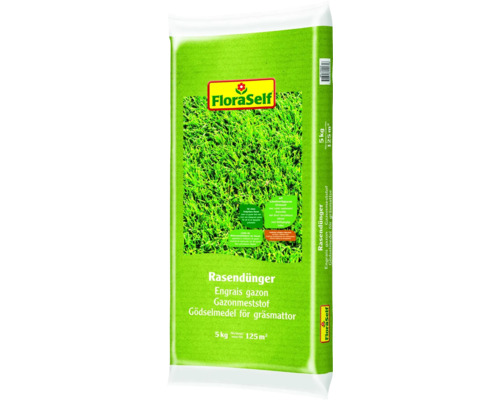 Verpackung Rasendünger von FloraSelf, 5 Kilogramm für 125 Quadratmeter