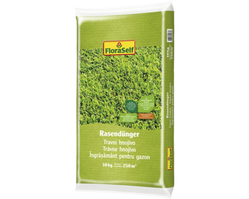 Packung Rasendünger von FloraSelf, 10 Kilogramm für 250 Quadratmeter
