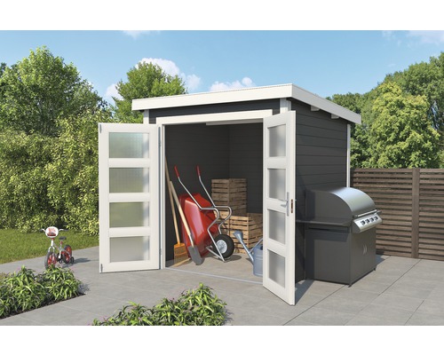 Gartenhaus mit Gartengeräten, Grill und Kinderrad
