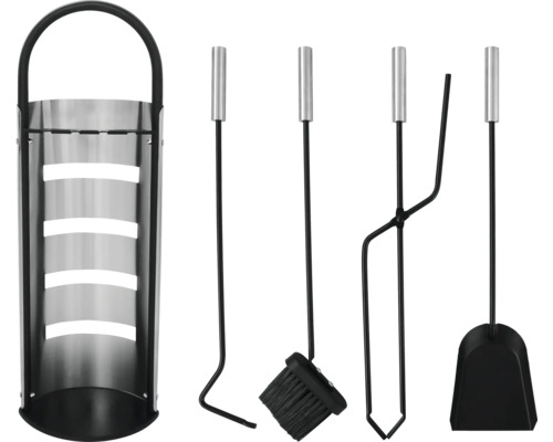 Kamingarnitur mit Halter, Schaufel, Besen, Schürhaken und Zange