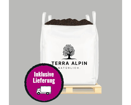 Ursprungserde Terra Alpin BigBag 0,7 m³ inkl. Lieferung Big Bag mit Pflanzerde der Marke Terra Alpin auf einer Palette mit dem Logo für inklusive Lieferung