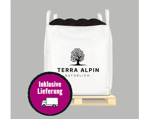 Kräuter- und Anzuchterde Terra Alpin BigBag 1,2 m³ inkl. Lieferung Big Bag Pflanzerde mit Terra Alpin Logo auf einer Holzpalette