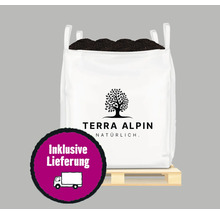 Großpackung Erde auf einer Palette mit dem Terra Alpin Logo und dem Symbol für kostenlose Lieferung
