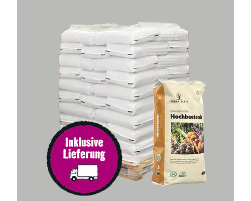 Hochbeeterde Terra Alpin Palette 42x40 L (= 1,68 m³) inkl. Lieferung Palette mit Säcken Pflanzerde und Terra Alpin Hochbeeterde Sack mit Liefersymbol