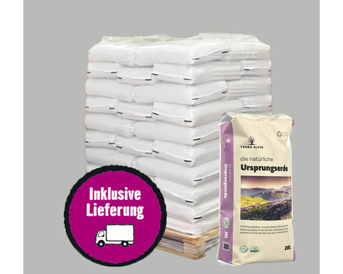 Ursprungserde Terra Alpin Palette 78x20 L (= 1,56 m³) inkl. Lieferung Palette mit Säcken Pflanzerde inklusive Lieferservice und einzelner 20 Liter Sack Terra Alpin Ursprungserde