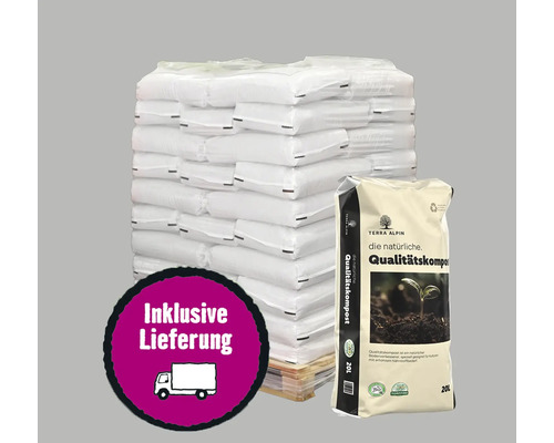 Qualitätskompost Terra Alpin Palette 78x20 L (= 1,56 m³) inkl. Lieferung Palette mit Säcken Terra Alpin Qualitätskompost inklusive Lieferung.