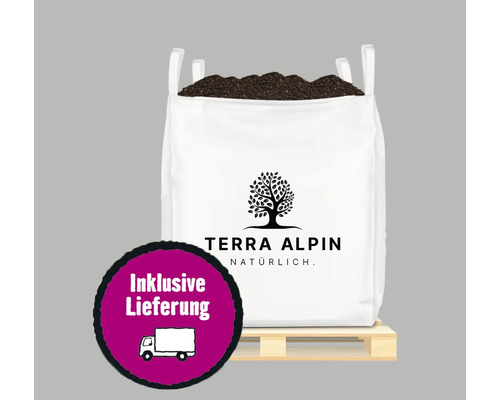 Großpackung Pflanzerde auf einer Palette mit Terra Alpin Logo und dem Hinweis Inklusive Lieferung.