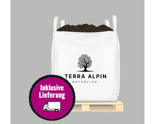 Kübel- und Dachgartenerde Terra Alpin BigBag 0,7 m³ inkl. Lieferung Big Bag Erde auf Palette mit Terra Alpin Logo und inklusive Lieferung