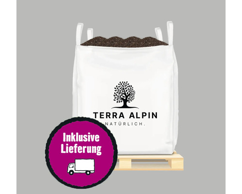 Rasenerde Terra Alpin BigBag 0,7 m³ inkl. Lieferung Großer Sack Erde von Terra Alpin auf einer Palette mit dem Aufdruck inklusive Lieferung.