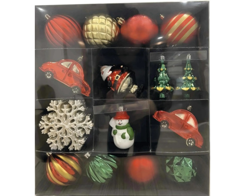 Set mit verschiedenen Weihnachtsbaumschmuckelementen in einer Verpackung, darunter Kugeln, ein Auto, ein Schneemann, ein Weihnachtsmann, eine Schneeflocke und ein Baum