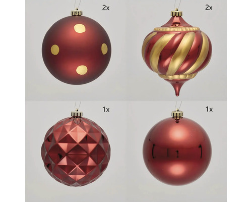 Weihnachtsbaumkugeln Set, bestehend aus zwei Christbaumkugeln mit Punktmuster, zwei Christbaumkugeln mit Streifenmuster und je einer Christbaumkugel mit Rautenmuster und einer glatten Christbaumkugel