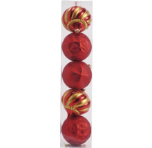 Packung mit roten Weihnachtskugeln mit verschiedenen Designs