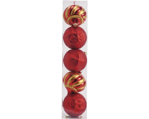 Weihnachtsbaumkugeln Lafiora Kunststoff rot 5 Stück Packung mit roten Weihnachtskugeln mit verschiedenen Designs