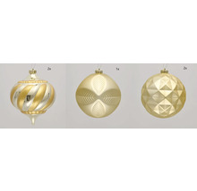 Christbaumkugeln Set, bestehend aus zwei Zwiebelornamenten, einer Kugel mit Blattmuster und zwei Kugeln mit geometrischem Muster