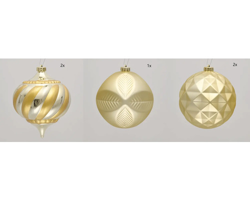 Christbaumkugeln Set, bestehend aus zwei Zwiebelornamenten, einer Kugel mit Blattmuster und zwei Kugeln mit geometrischem Muster