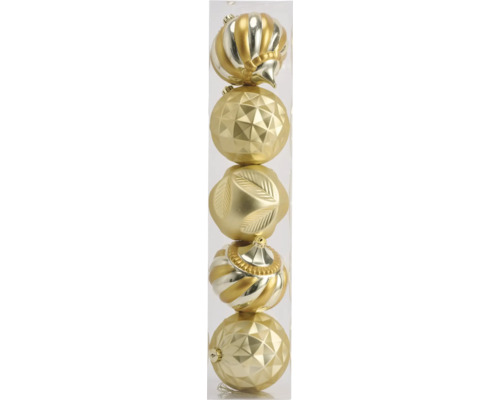 Weihnachtsbaumkugeln Lafiora Kunststoff gold 5 Stück Fünf Christbaumkugeln in verschiedenen Designs in einer Röhre