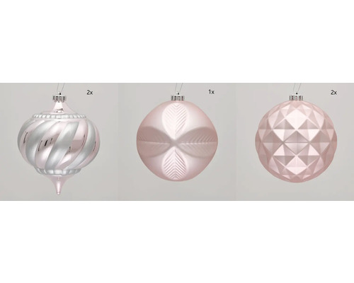 Christbaumkugeln Set, bestehend aus zwei Ornamentkugeln, einer Kugel mit Blattmuster und einer Kugel mit Rautenmuster