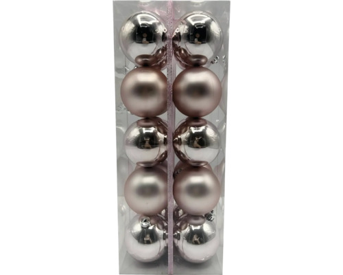 Verpackung mit zwölf Christbaumkugeln in Silber und Roségold