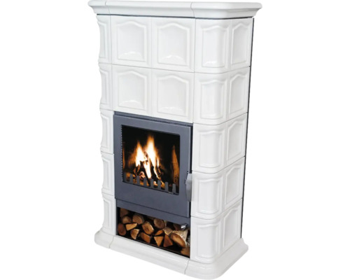 Kaminofen Domofire Wels Keramik weiß 8 kW mit Wärmespeicher und Holzfach Kaminofen mit Holzfach