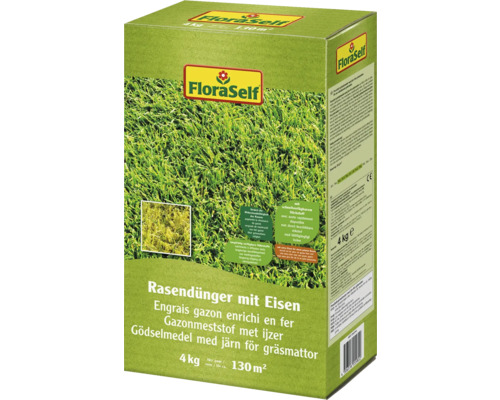 FloraSelf Rasendünger mit Eisen für circa 130 Quadratmeter Rasenfläche in einer 4 Kilogramm Packung