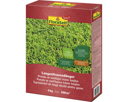 FloraSelf Langzeitrasendünger für bis zu 100 Quadratmeter Fläche im 4 Kilogramm Sack