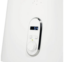 Detailansicht einer Warmwassertherme mit Temperaturanzeige und Regler
