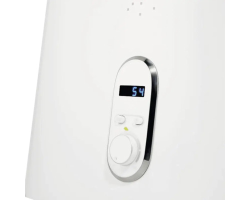 Detailansicht einer Warmwassertherme mit Temperaturanzeige und Regler