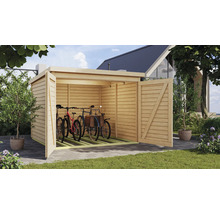 Fahrradgarage aus Holz mit geöffneten Türen und mehreren Fahrrädern