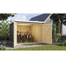 Fahrradgarage aus Holz mit geöffneten Türen und Fahrrädern